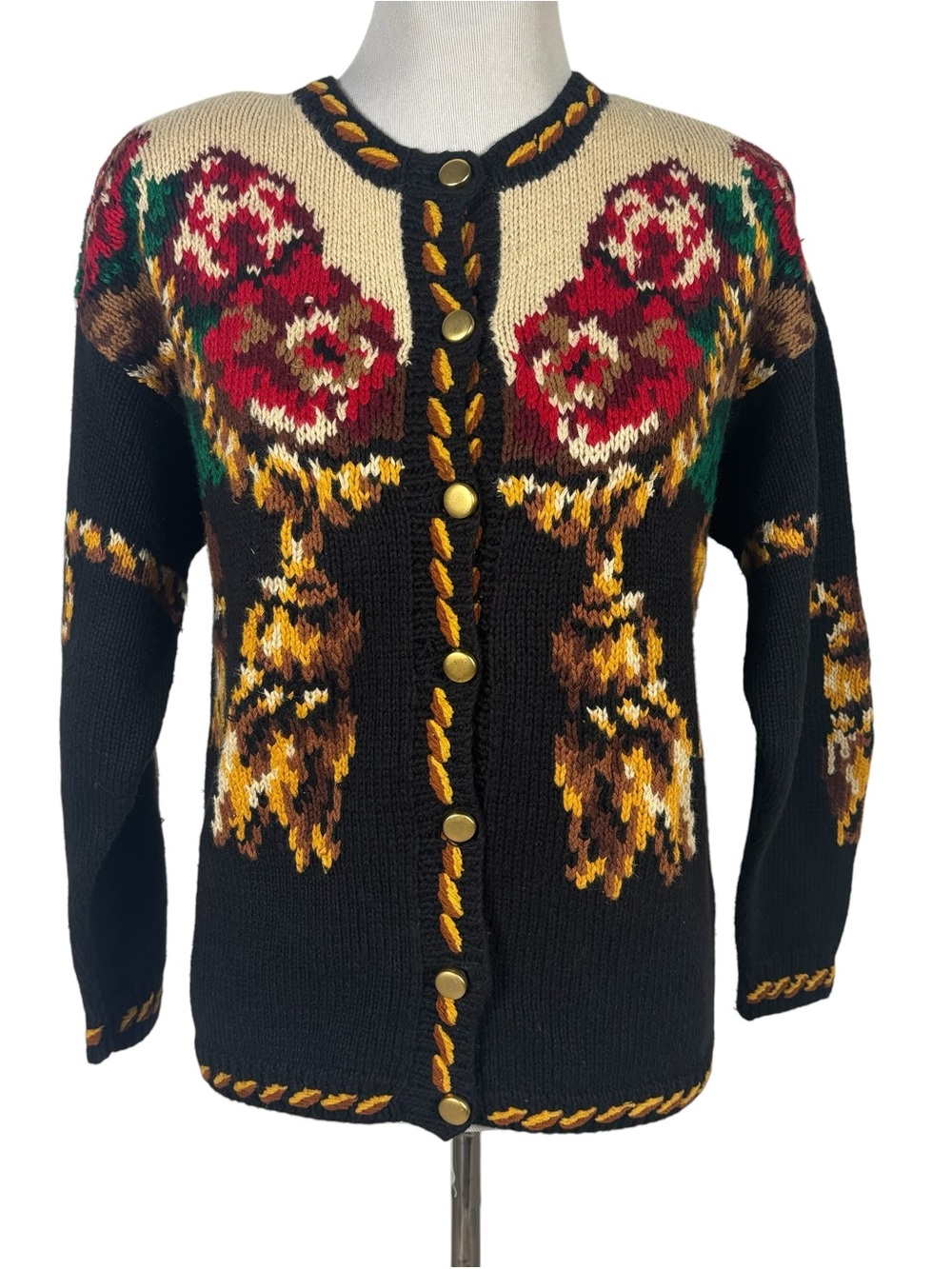 Vtg Eagle’s Eye Hand Knit Floral Cardigan Grandma Core Cottage Western Folk Sz M
